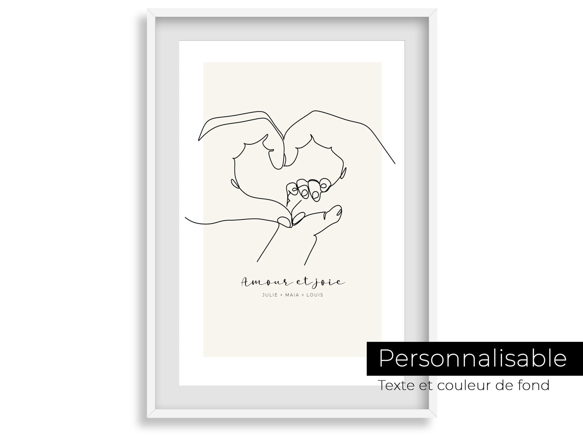Affiche main coeur parent bébé personnalisable - Line art parents bébé - Décoration salon moderne design - Fête des mère - Cadeau naissance - Imagine.affiche