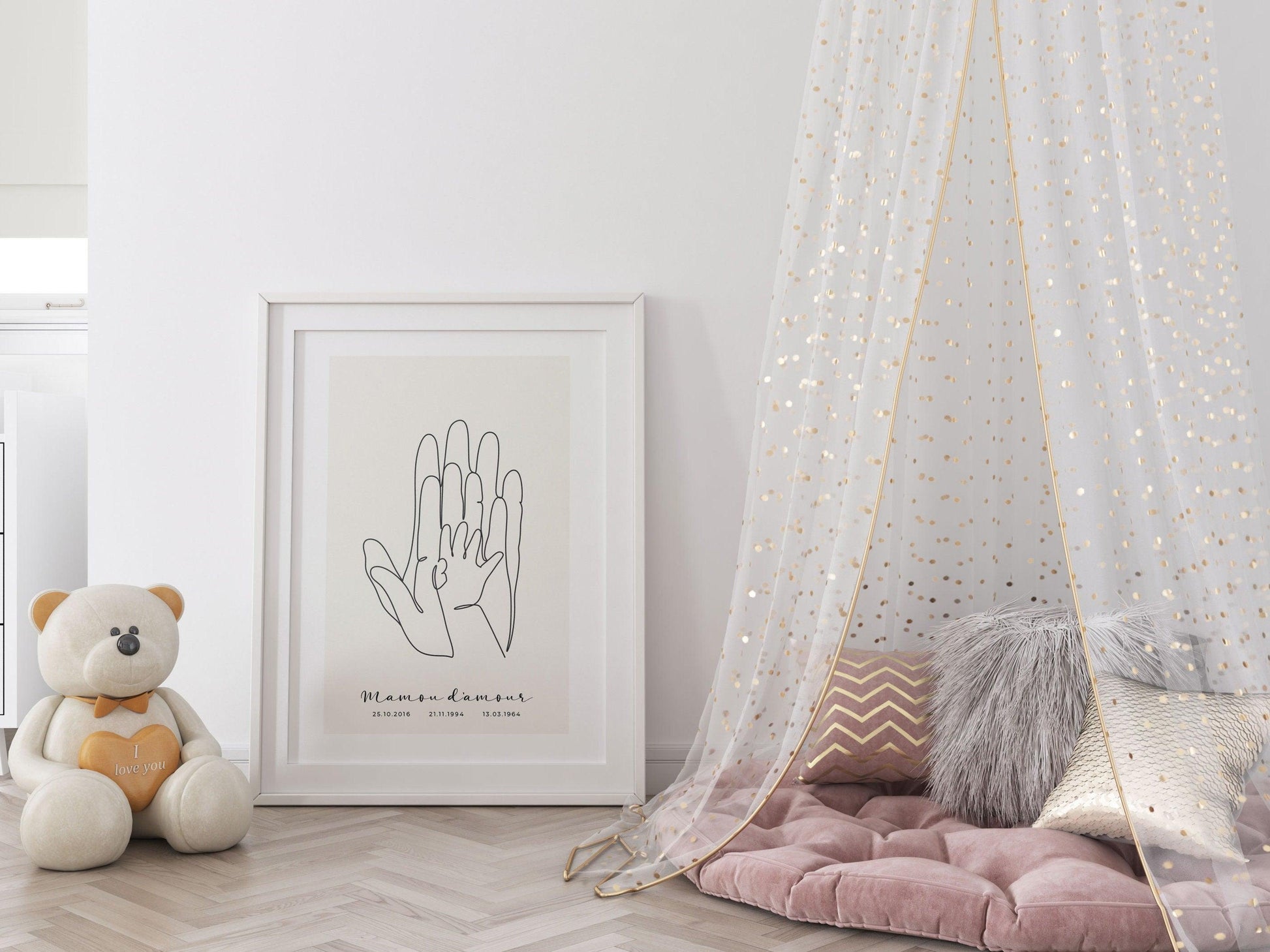 Affiche main papa maman bébé personnalisable - Line art bébé maman - Décoration salon moderne et design - Fête des mère - Cadeau naissance - Imagine.affiche