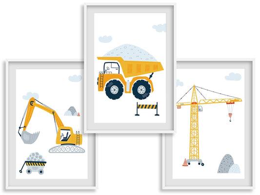 Lot affiches Chantier avec camion pelleteuse grue pour chambre d'enfant - Imagine.affiche