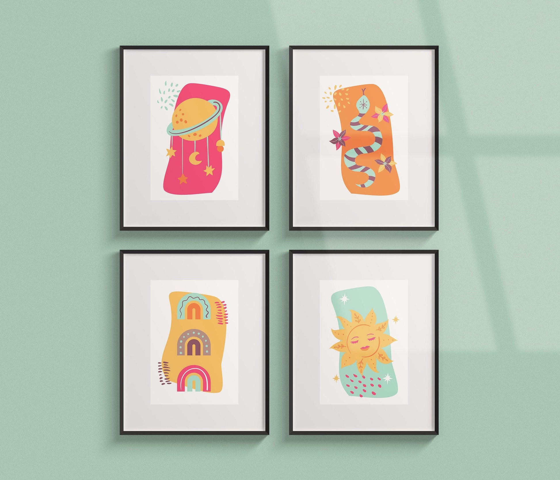 Affiches Bohème en couleurs Soleil Arc en ciel - chambre enfant bébé 4 posters - Décoration garçon fille naissance - boho poster affiche - Imagine.affiche