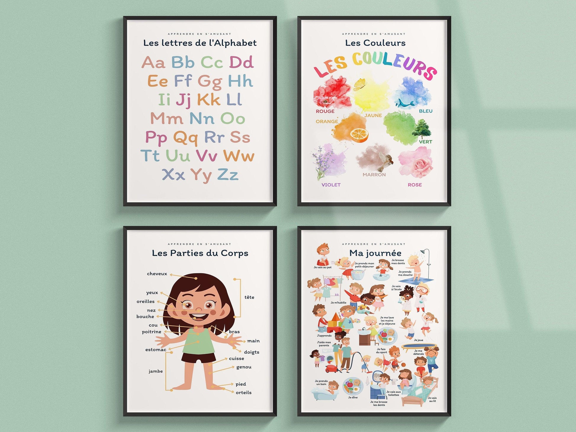 Affiche Apprendre les lettres de l'alphabet A B C D E F G H pour chambre enfant école, maternelle, primaire - poster enfant garçon et fille - Imagine.affiche