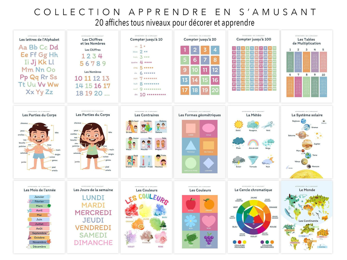 Affiche Les jours de la semaine - lundi mardi samedi chambre enfant école maternelle primaire - poster enfant garçon et fille apprentissage - Imagine.affiche