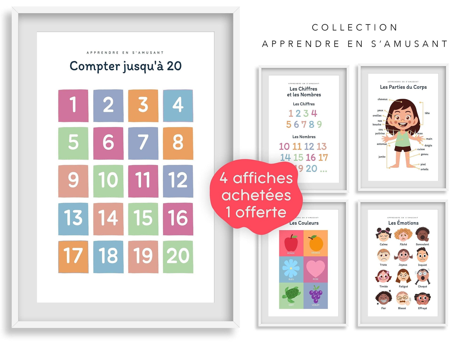 Affiche Apprendre à Compter jusqu'à 20 - 1 2 3 4 pour chambre enfant école maternelle primaire - poster enfant garçon et fille apprentissage - Imagine.affiche