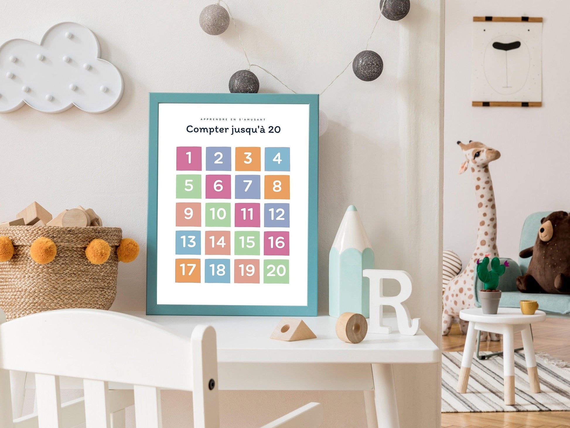 Affiche Apprendre à Compter jusqu'à 20 - 1 2 3 4 pour chambre enfant école maternelle primaire - poster enfant garçon et fille apprentissage - Imagine.affiche