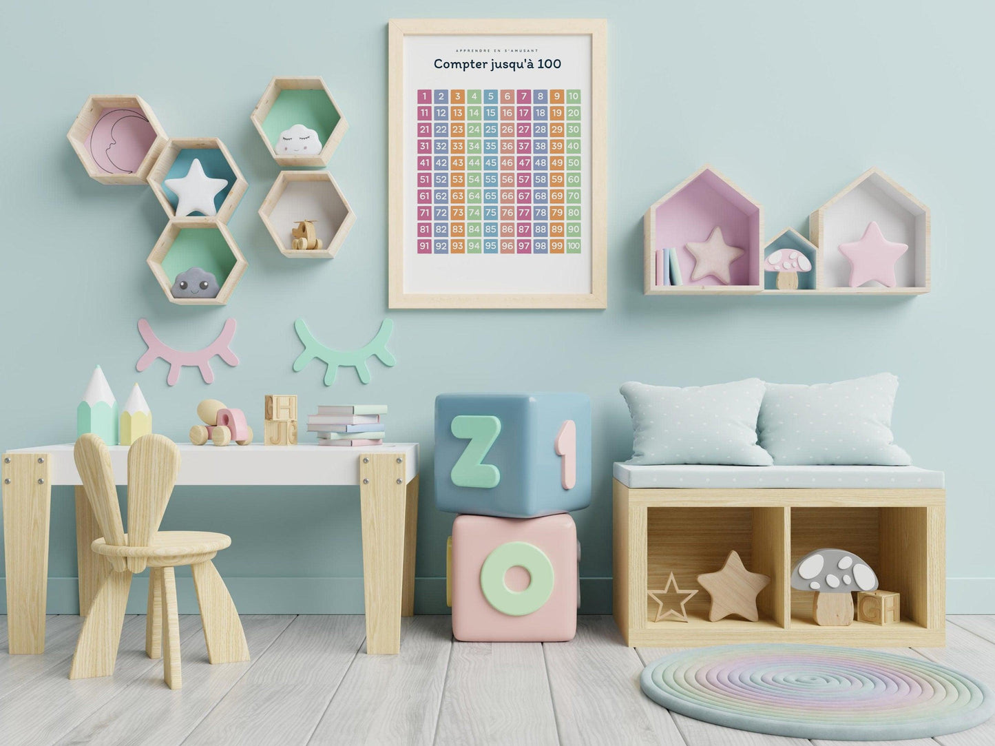 Affiche Apprendre à Compter jusqu'à 100 - 1 2 3 4 pour chambre enfant école maternelle primaire poster enfant garçon et fille apprentissage - Imagine.affiche