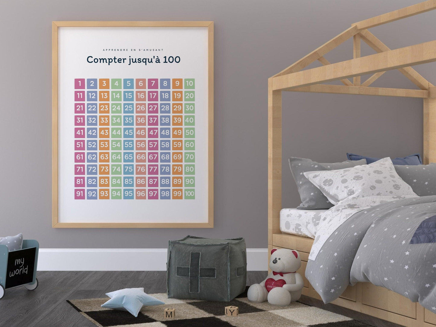 Affiche Apprendre à Compter jusqu'à 100 - 1 2 3 4 pour chambre enfant école maternelle primaire poster enfant garçon et fille apprentissage - Imagine.affiche