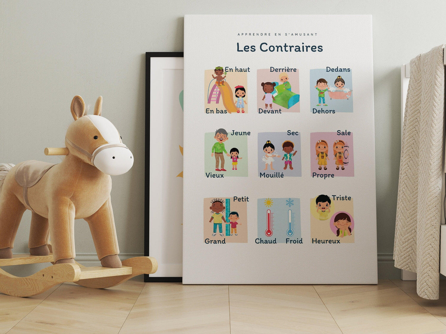 Affiche Les Contraires haut bas devant derrière pour chambre enfant école maternelle primaire - poster enfant garçon et fille apprentissage - Imagine.affiche