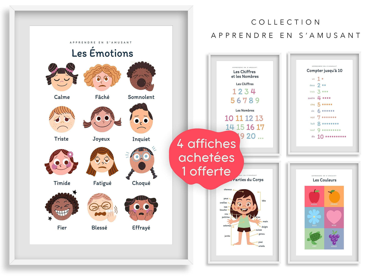 Affiche Les émotions - calme colère triste effrayé - chambre enfant école maternelle primaire - poster enfant garçon et fille apprentissage - Imagine.affiche