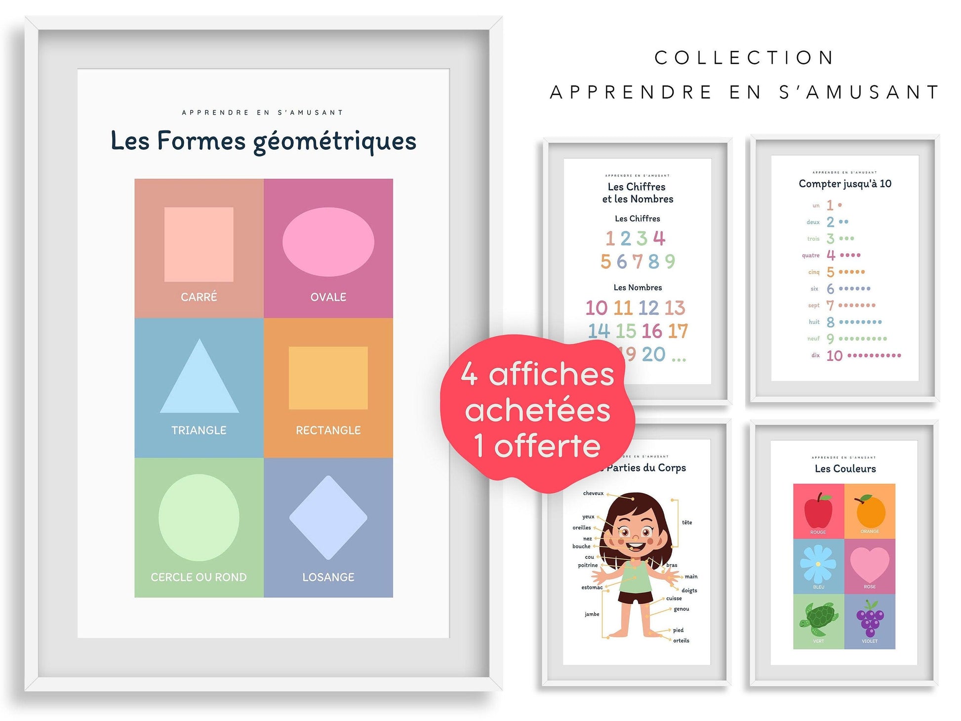 Affiche Les formes - rond carré losange triangle - chambre enfant école maternelle primaire - poster enfant garçon et fille apprentissage - Imagine.affiche