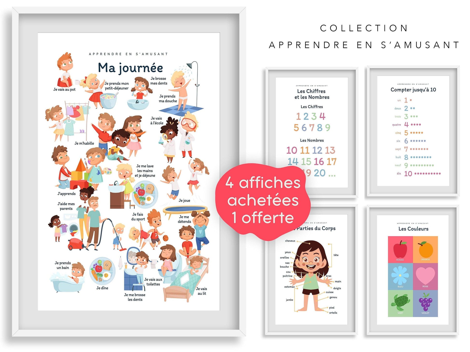 Affiche Ma journée - se doucher, aller à l'école - chambre enfant école maternelle primaire - poster enfant garçon et fille apprentissage - Imagine.affiche