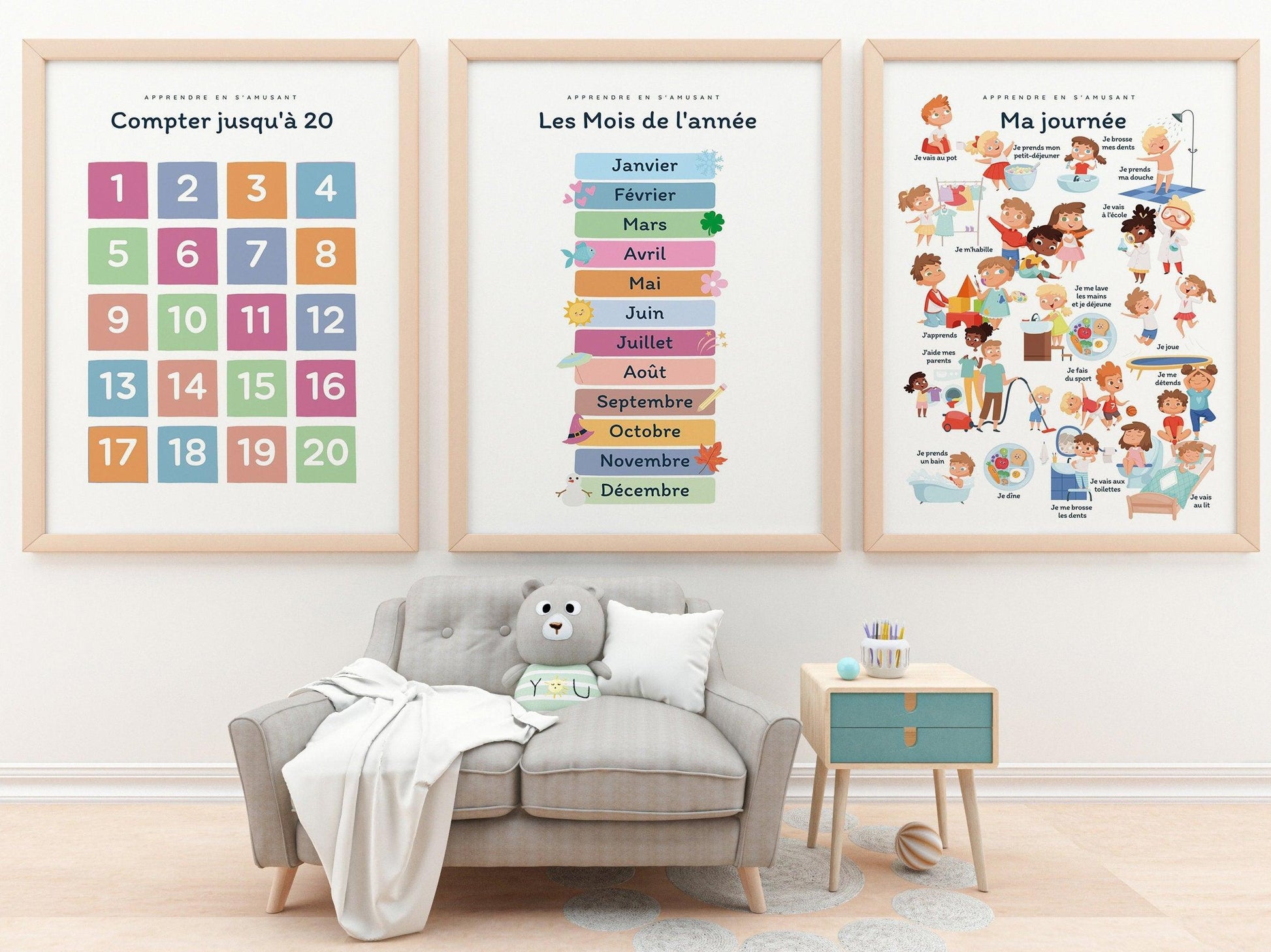 Affiche Ma journée - se doucher, aller à l'école - chambre enfant école maternelle primaire - poster enfant garçon et fille apprentissage - Imagine.affiche