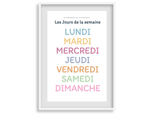 Affiche Les jours de la semaine - lundi mardi samedi chambre enfant école maternelle primaire - poster enfant garçon et fille apprentissage - Imagine.affiche