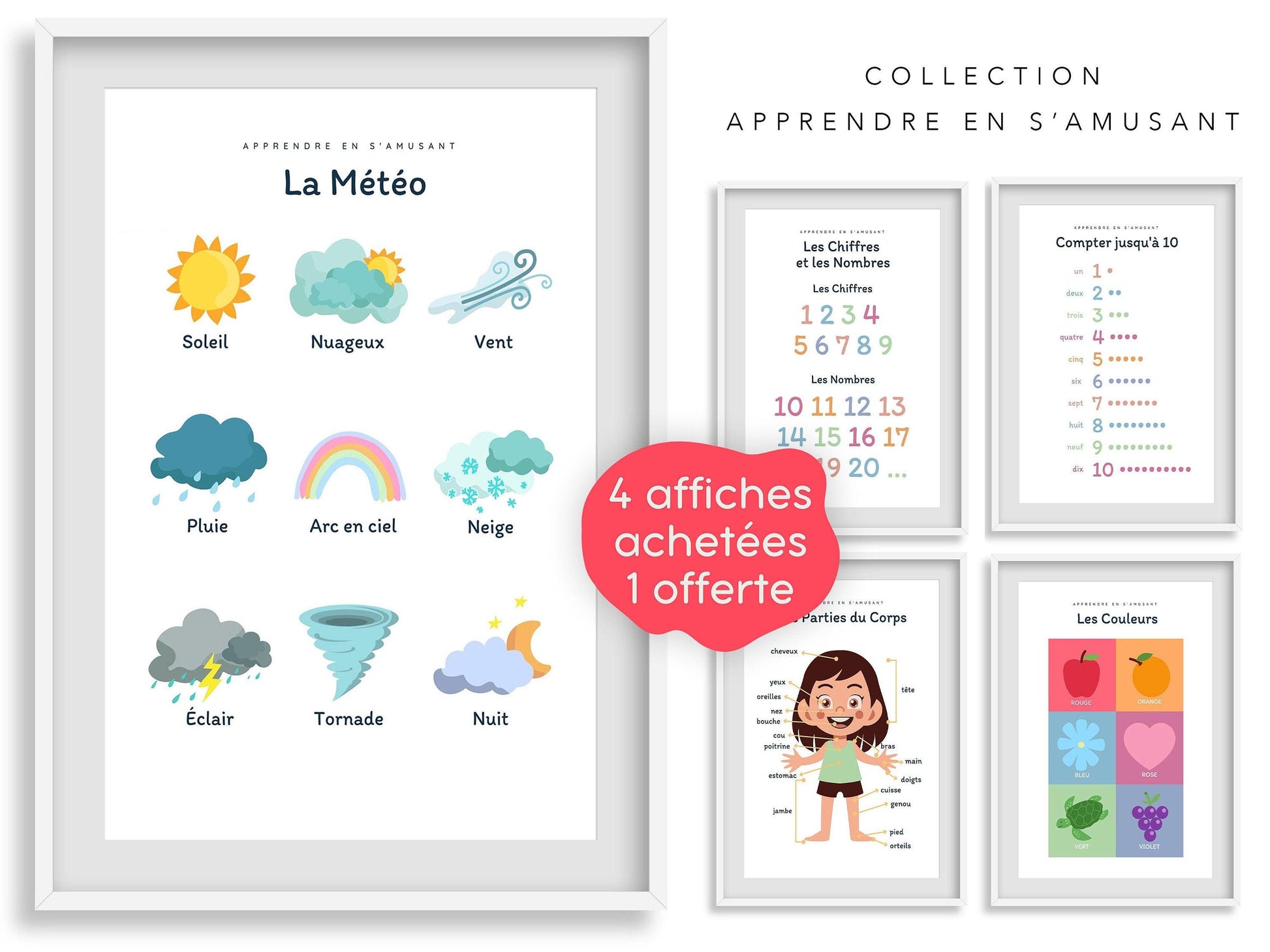 Affiche La météo - soleil pluie neige vent ou arc en ciel - enfant école maternelle primaire - poster enfant garçon et fille apprentissage - Imagine.affiche