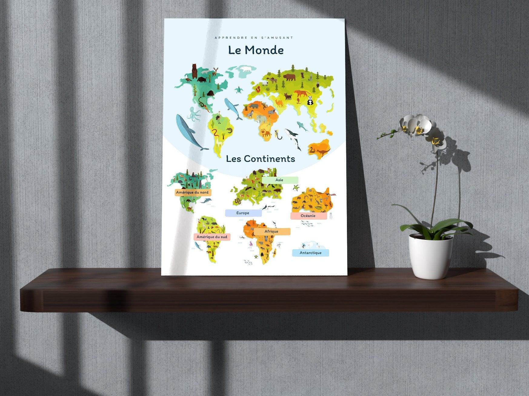 Affiche Le monde et les continents - Europe Amérique - enfant école maternelle primaire - poster enfant garçon et fille apprentissage - Imagine.affiche