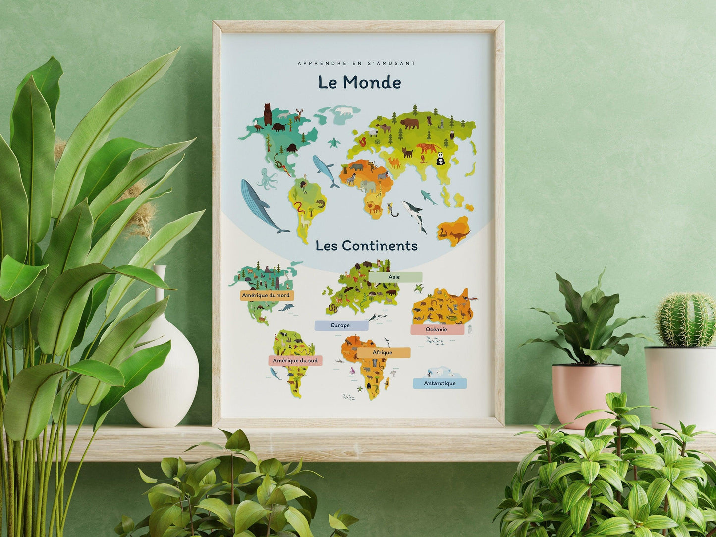 Affiche Le monde et les continents - Europe Amérique - enfant école maternelle primaire - poster enfant garçon et fille apprentissage - Imagine.affiche