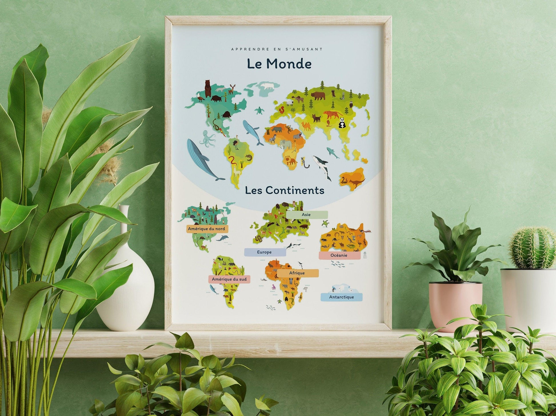 Affiche Le monde et les continents - Europe Amérique - enfant école maternelle primaire - poster enfant garçon et fille apprentissage - Imagine.affiche