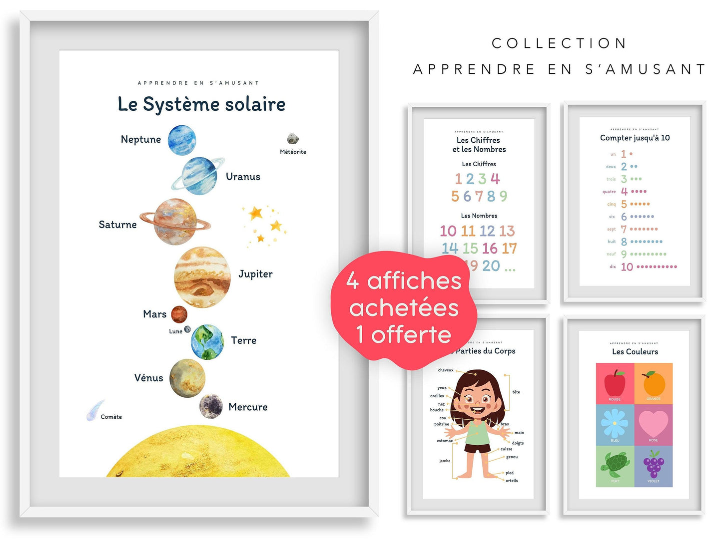 Affiche Le système solaire - les planètes, soleil, univers - enfant école maternelle primaire - poster enfant garçon et fille apprentissage - Imagine.affiche