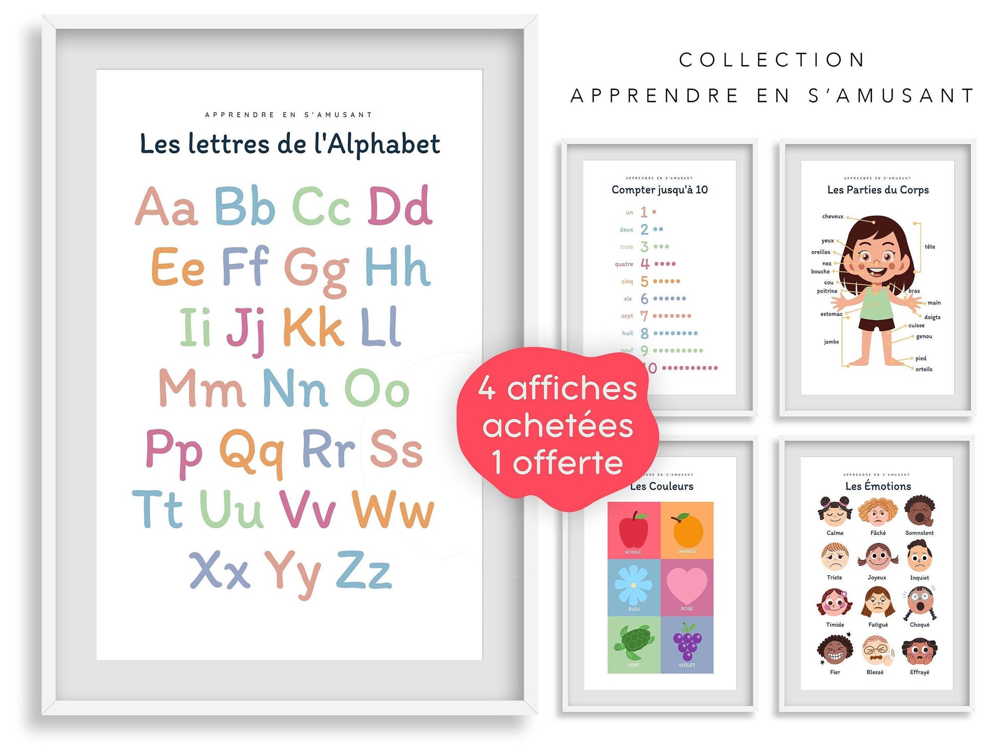 Affiche Apprendre les lettres de l'alphabet A B C D E F G H pour chambre enfant école, maternelle, primaire - poster enfant garçon et fille - Imagine.affiche