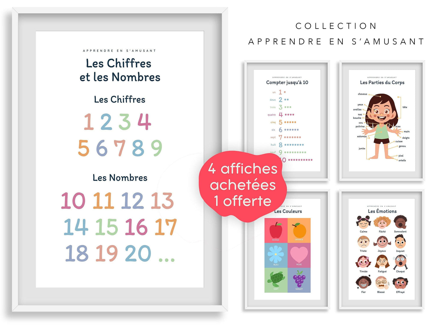 Affiche Apprendre les Chiffres et les Nombres Compter 1 2 3 4 pour chambre enfant école maternelle, primaire - poster enfant garçon et fille - Imagine.affiche