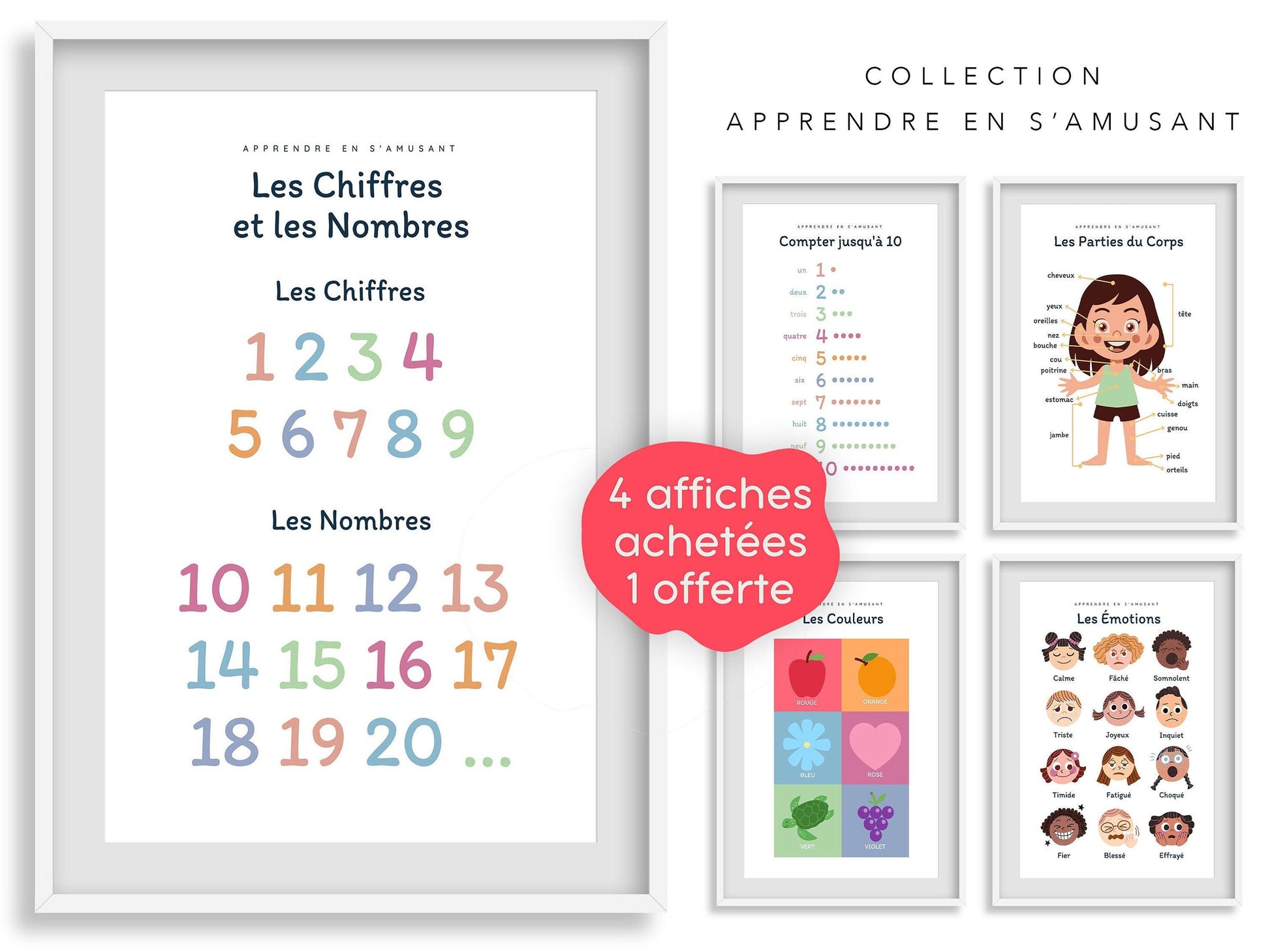 Affiche Apprendre les Chiffres et les Nombres Compter 1 2 3 4 pour chambre enfant école maternelle, primaire - poster enfant garçon et fille - Imagine.affiche