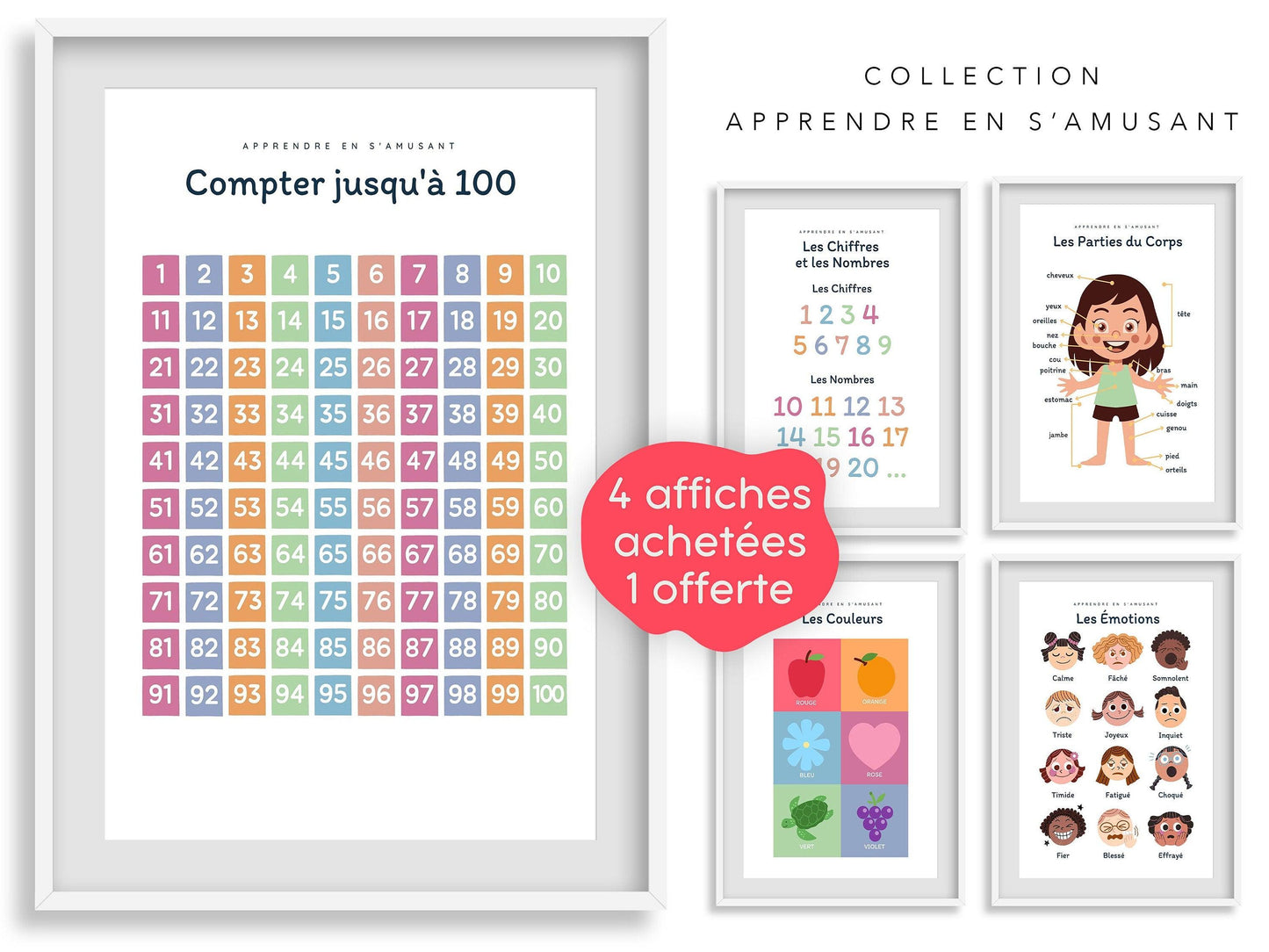 Affiche Apprendre à Compter jusqu'à 100 - 1 2 3 4 pour chambre enfant école maternelle primaire poster enfant garçon et fille apprentissage - Imagine.affiche