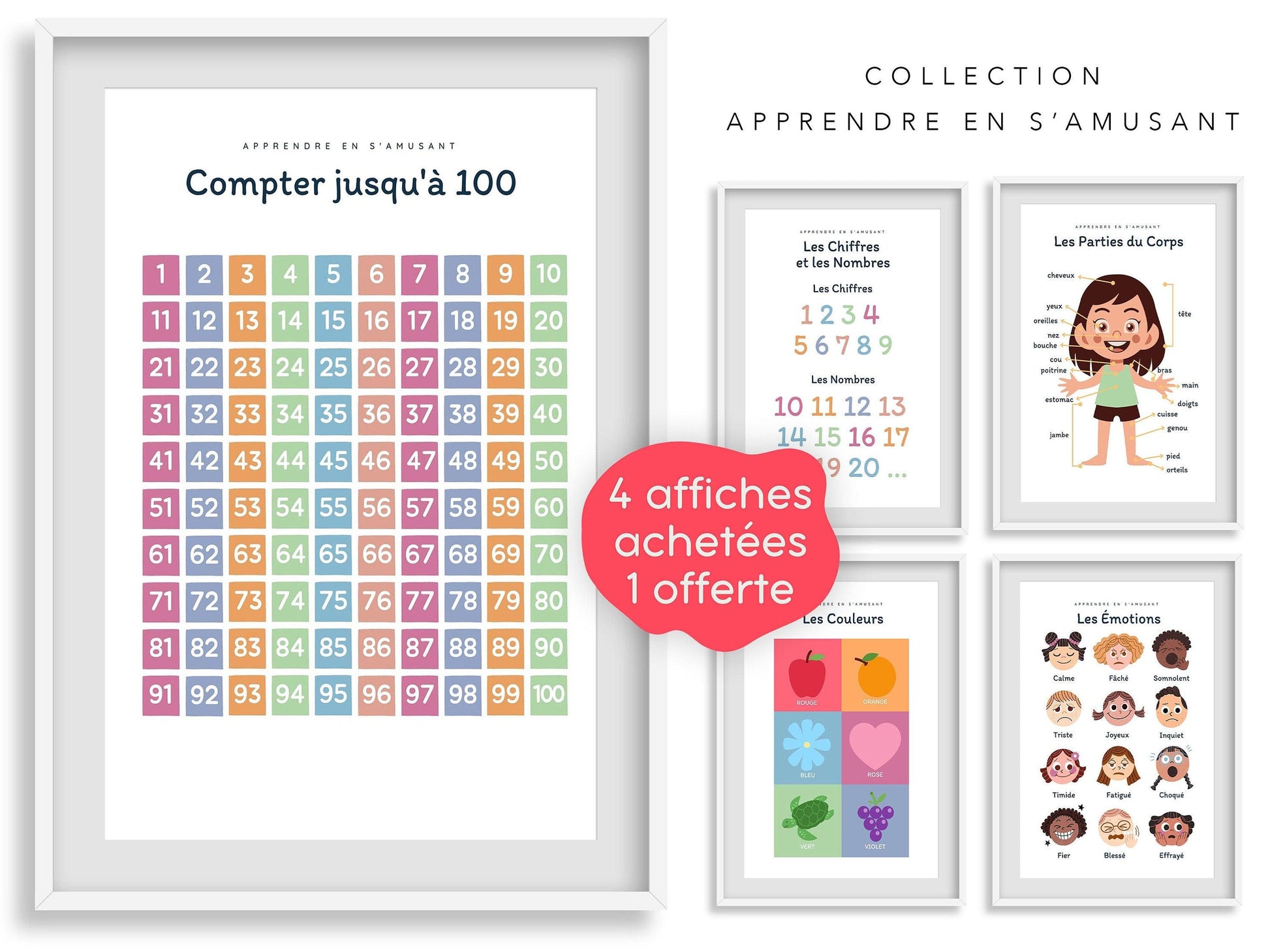 Affiche Apprendre à Compter jusqu'à 100 - 1 2 3 4 pour chambre enfant école maternelle primaire poster enfant garçon et fille apprentissage - Imagine.affiche