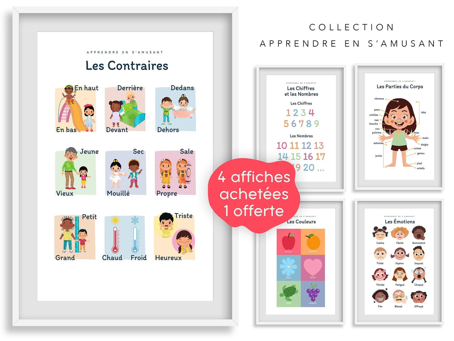 Affiche Les Contraires haut bas devant derrière pour chambre enfant école maternelle primaire - poster enfant garçon et fille apprentissage - Imagine.affiche