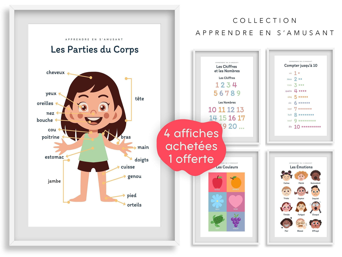 Affiche Les Parties du Corps fille nez bouche pour chambre enfant école maternelle primaire - poster enfant garçon et fille apprentissage - Imagine.affiche