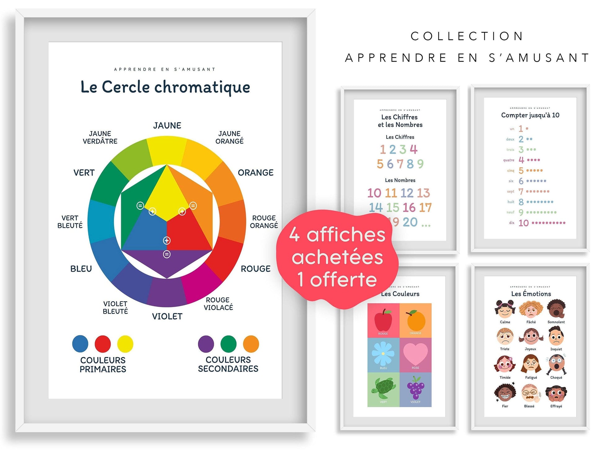 Affiche Les couleurs le cercle chromatique - salon ou chambre enfant école maternelle primaire - poster enfant garçon et fille apprentissage - Imagine.affiche