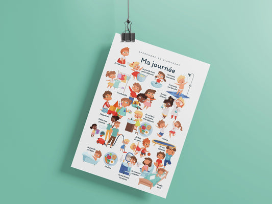 Affiche Ma journée - se doucher, aller à l'école - chambre enfant école maternelle primaire - poster enfant garçon et fille apprentissage - Imagine.affiche