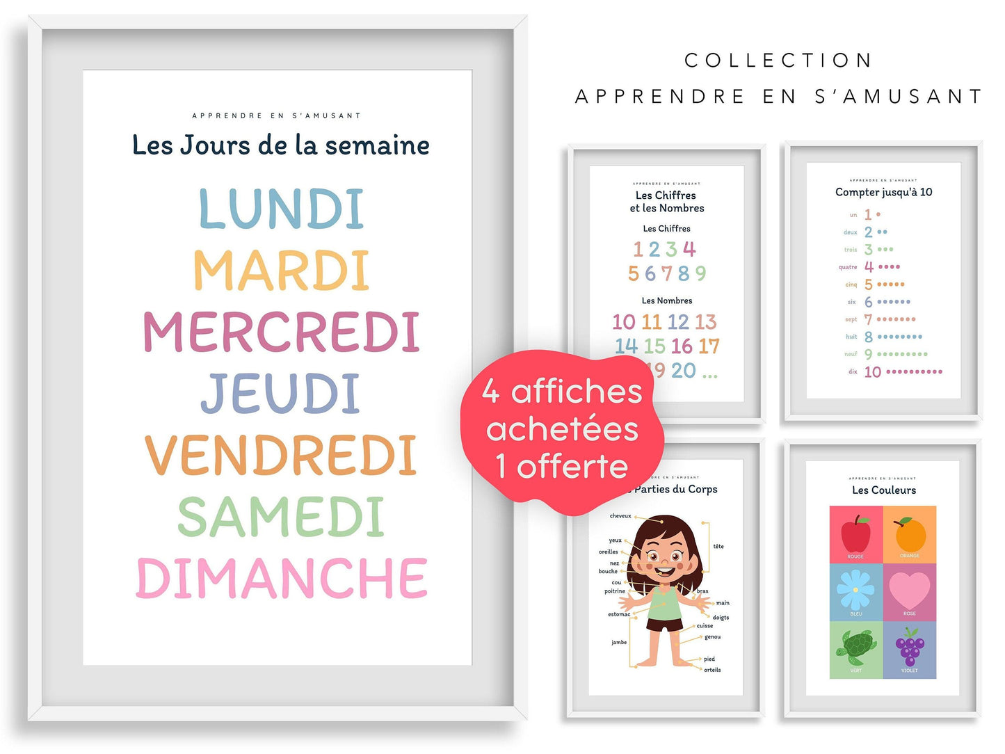 Affiche Les jours de la semaine - lundi mardi samedi chambre enfant école maternelle primaire - poster enfant garçon et fille apprentissage - Imagine.affiche