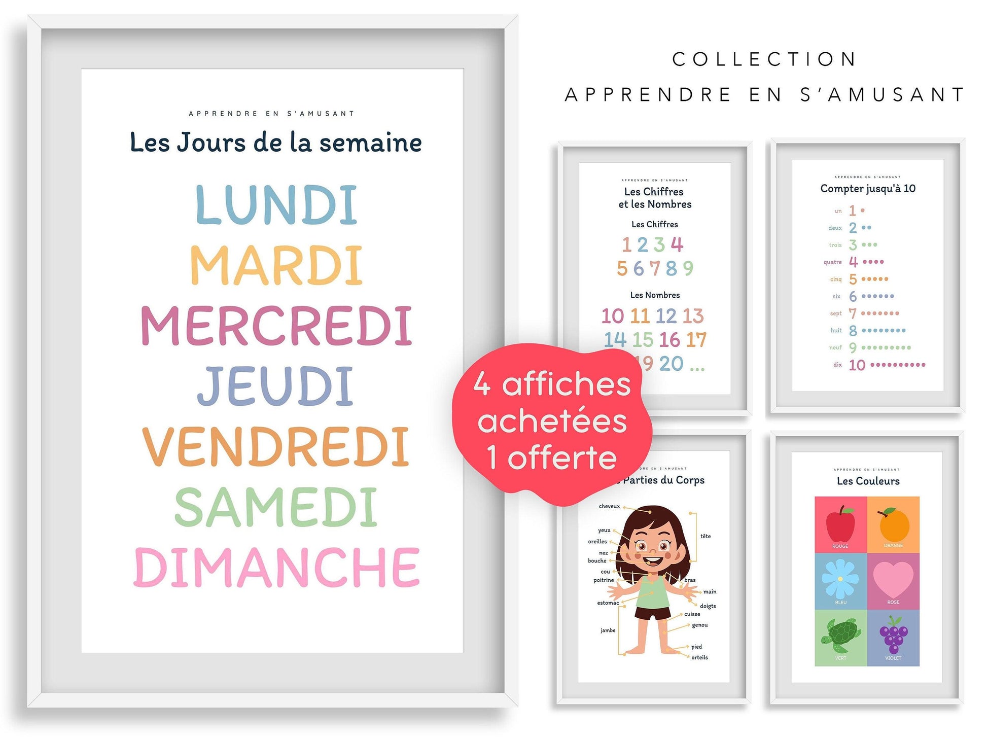 Affiche Les jours de la semaine - lundi mardi samedi chambre enfant école maternelle primaire - poster enfant garçon et fille apprentissage - Imagine.affiche