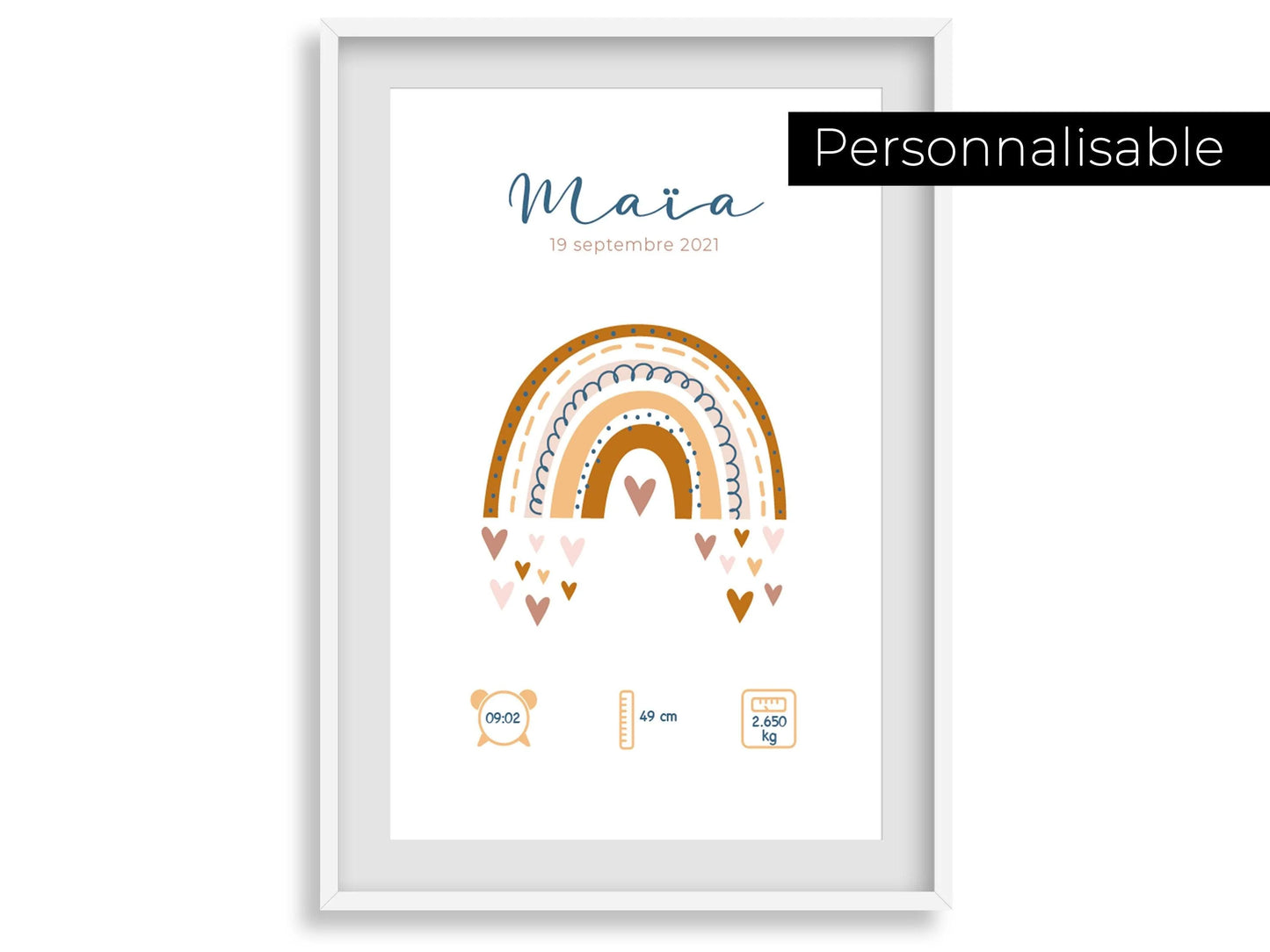 Affiche de naissance personnalisée "Arc en ciel" idée cadeau souvenir avec Prénom poids taille et heure en Décoration chambre enfants bébé - Imagine.affiche