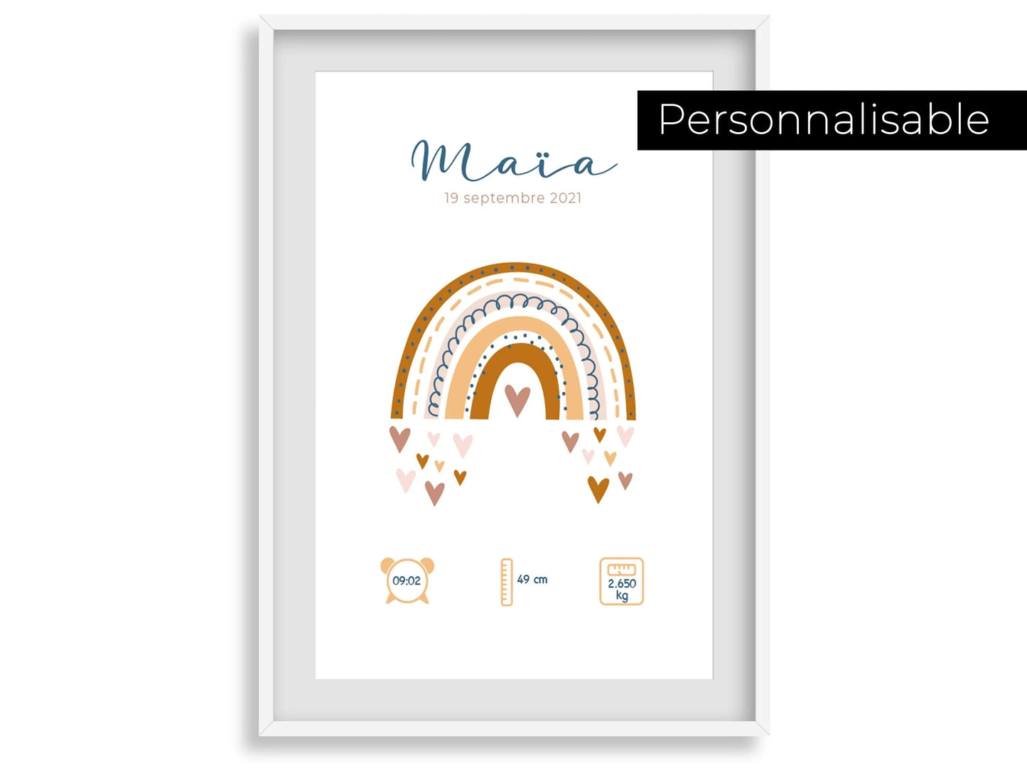 Affiche de naissance personnalisée "Arc en ciel" idée cadeau souvenir avec Prénom poids taille et heure en Décoration chambre enfants bébé - Imagine.affiche