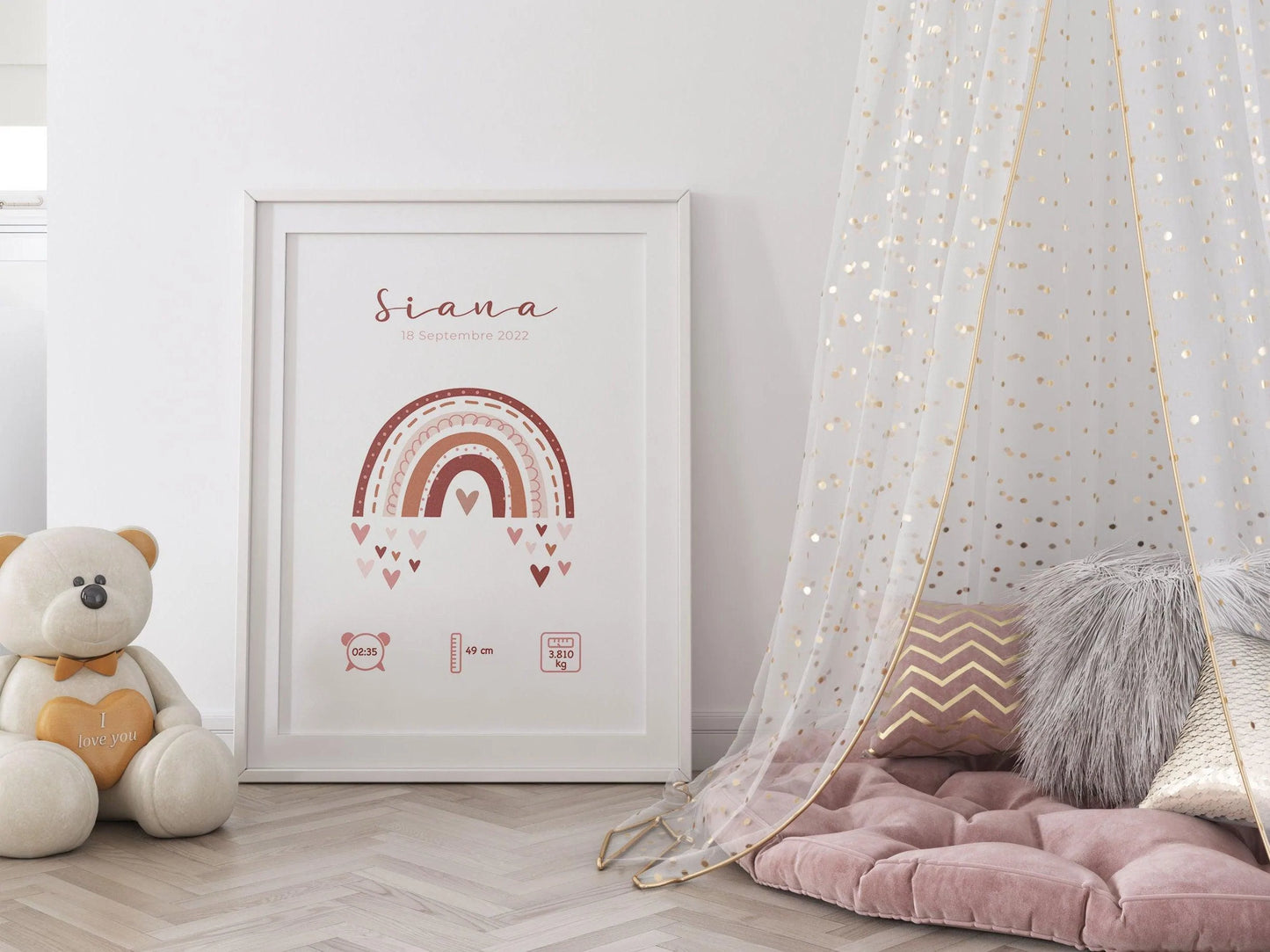 Affiche de naissance personnalisée "Arc en ciel" idée cadeau souvenir avec Prénom poids taille et heure en Décoration chambre enfants bébé - Imagine.affiche