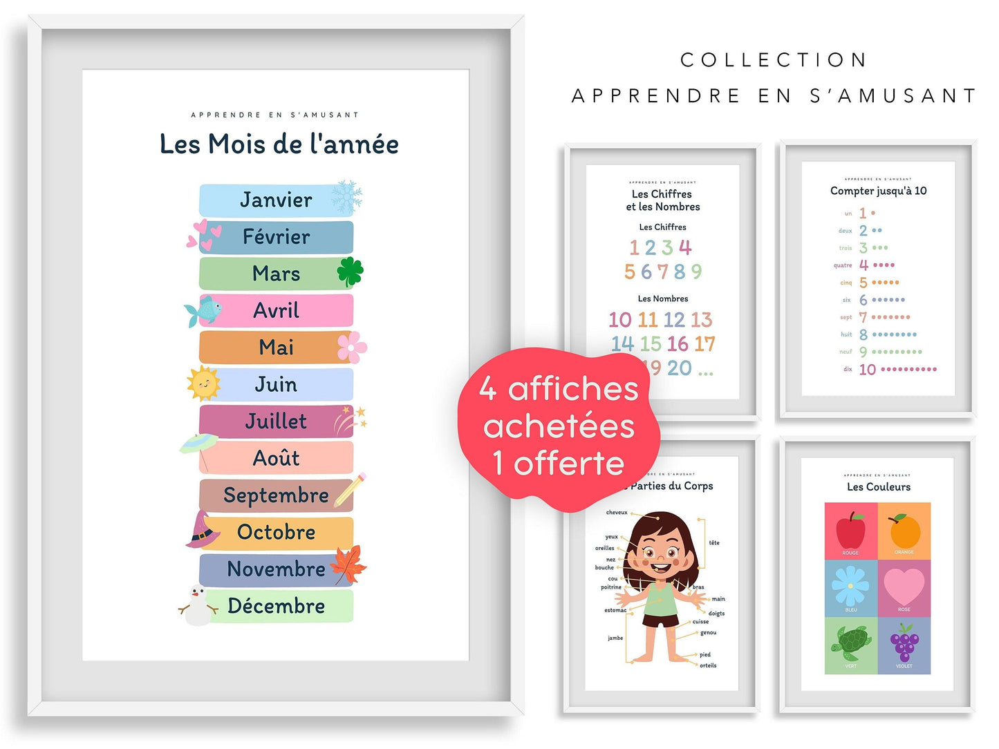 Affiche Les mois de l'année - Janvier février mars avril - enfant école maternelle primaire - poster enfant garçon et fille apprentissage - Imagine.affiche