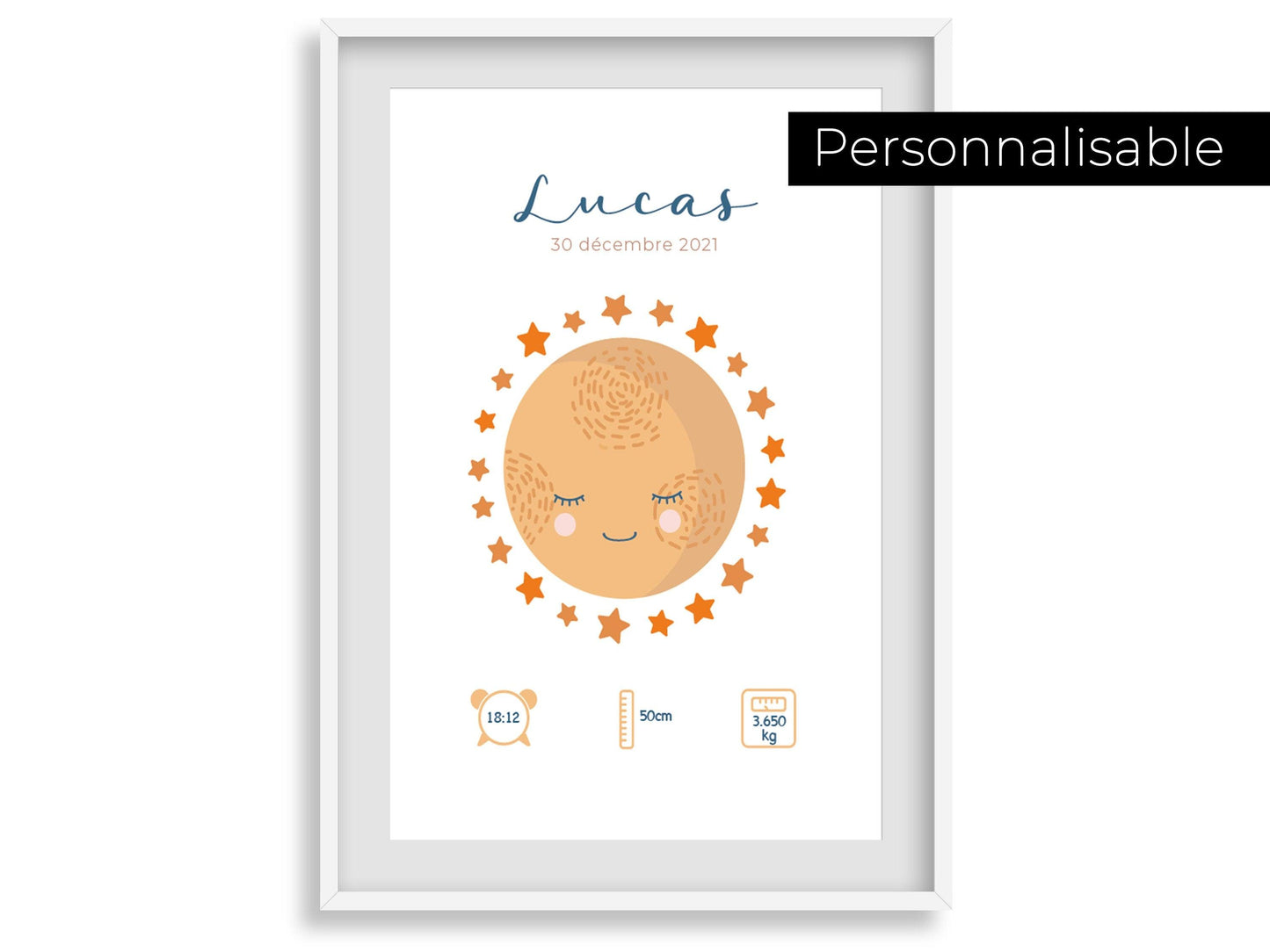 Affiche de naissance personnalisée "Lune" idée cadeau souvenir avec Prénom poids taille et heure en Décoration chambre enfants bébé - Imagine.affiche