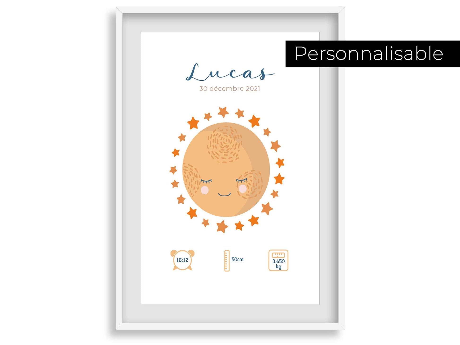 Affiche de naissance personnalisée "Lune" idée cadeau souvenir avec Prénom poids taille et heure en Décoration chambre enfants bébé - Imagine.affiche