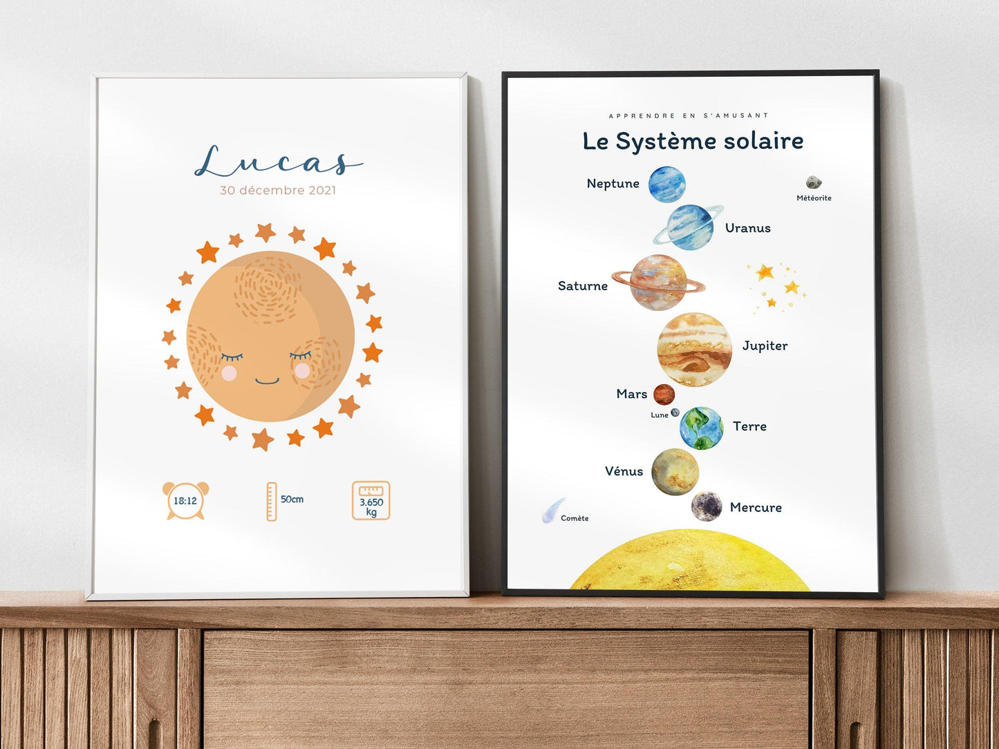 Affiche de naissance personnalisée "Lune" idée cadeau souvenir avec Prénom poids taille et heure en Décoration chambre enfants bébé - Imagine.affiche