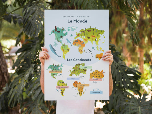 Affiche Le monde et les continents - Europe Amérique - enfant école maternelle primaire - poster enfant garçon et fille apprentissage - Imagine.affiche