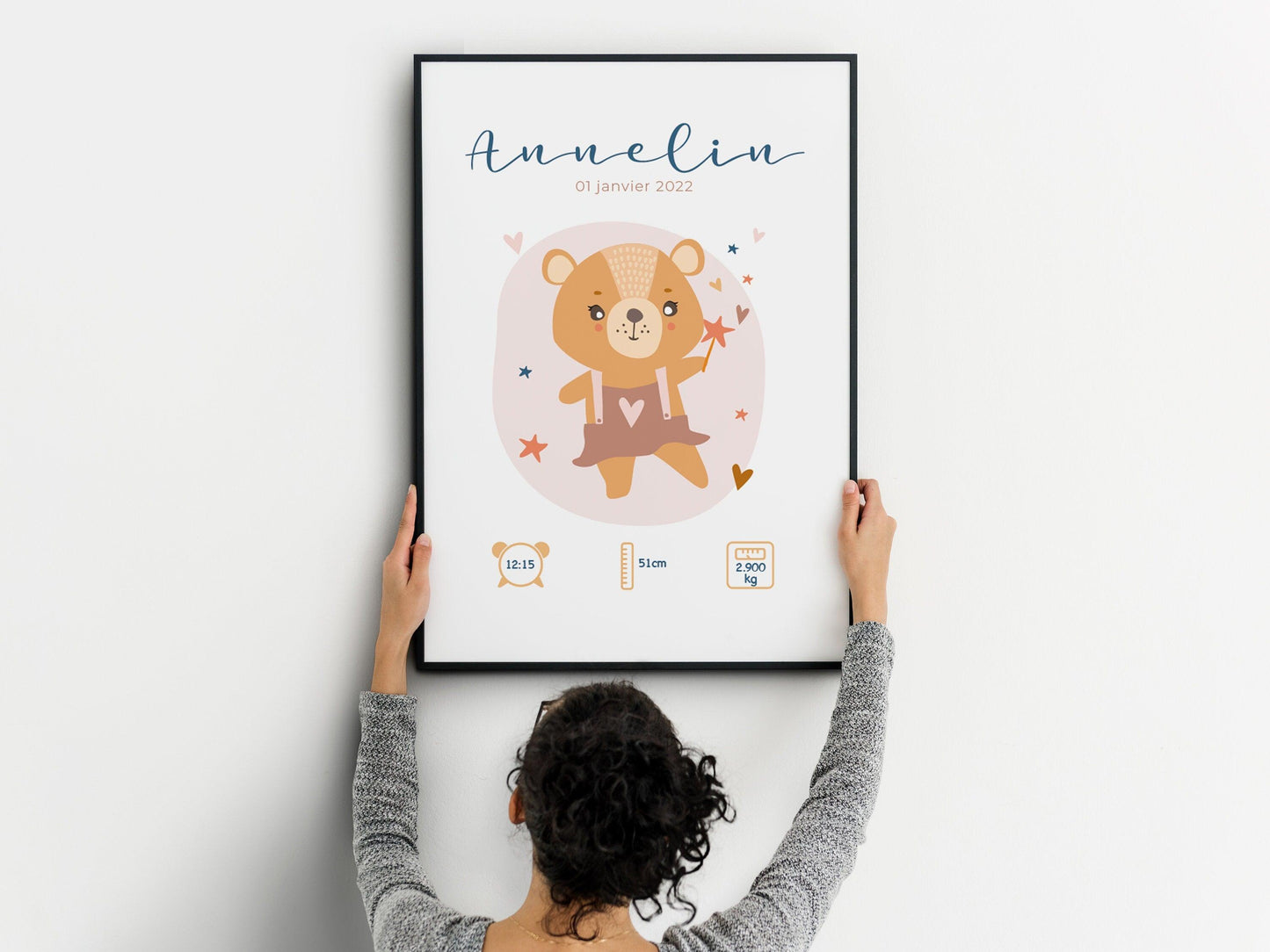 Affiche de naissance personnalisée "Ourson" idée cadeau souvenir avec Prénom poids taille et heure en Décoration chambre enfants bébé - Imagine.affiche