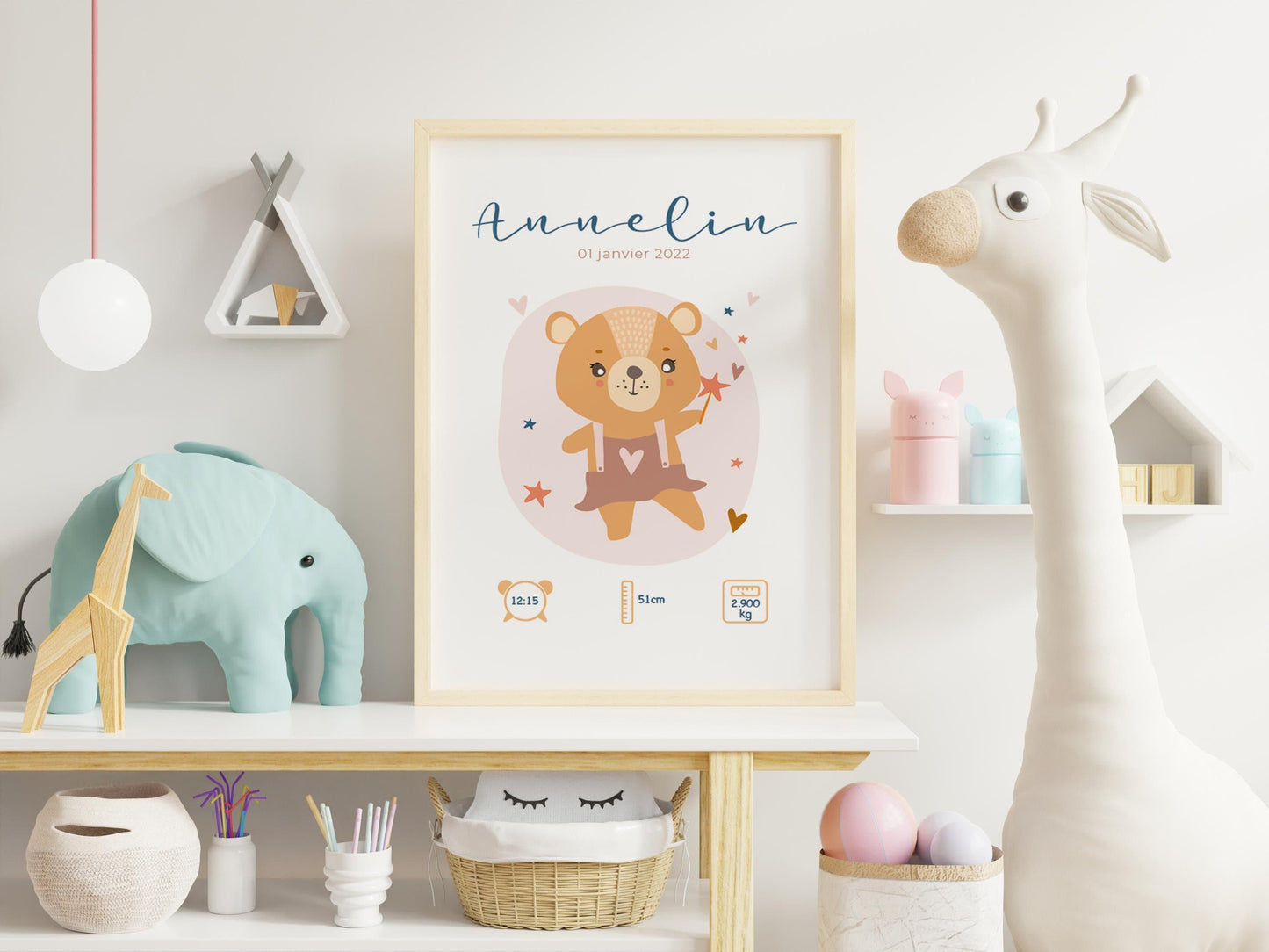 Affiche de naissance personnalisée "Ourson" idée cadeau souvenir avec Prénom poids taille et heure en Décoration chambre enfants bébé - Imagine.affiche