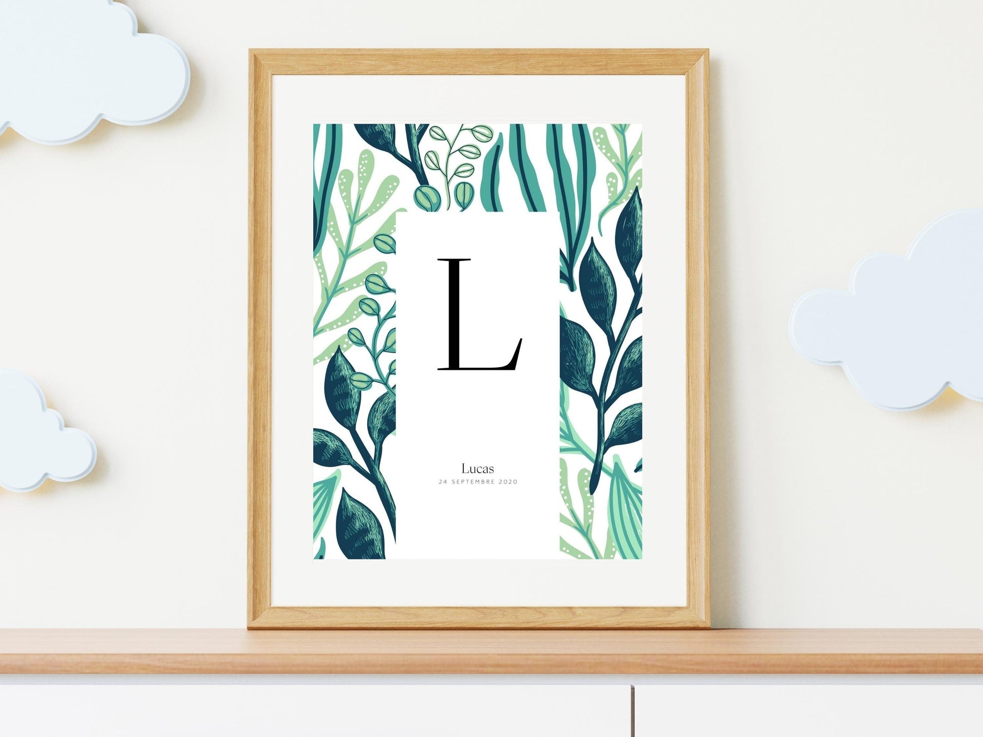 Affiche lettre initiale prénom date de naissance personnalisable motif jungle cadeau original anniversaire baptême bébé enfant fille garçon - Imagine.affiche