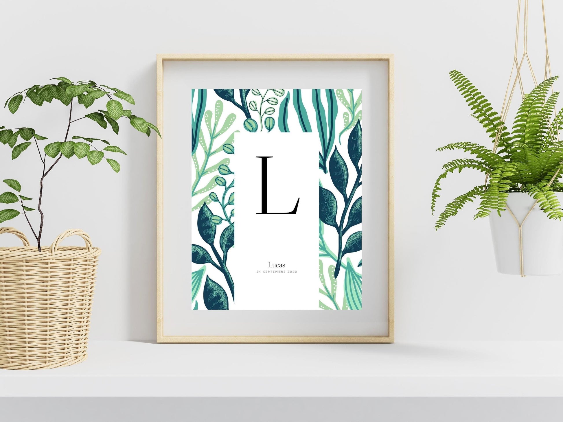 Affiche lettre initiale prénom date de naissance personnalisable motif jungle cadeau original anniversaire baptême bébé enfant fille garçon - Imagine.affiche