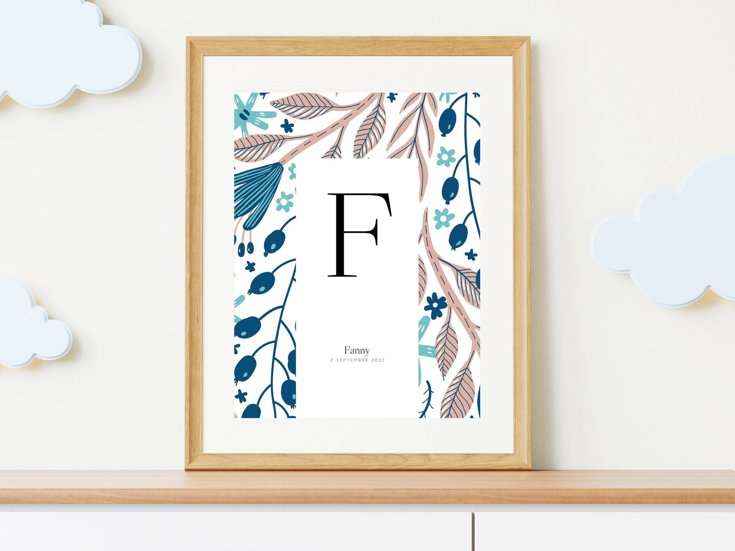 Affiche lettre initiale prénom date de naissance personnalisable motif feuillage cadeau original fête baptême bébé enfant fille garçon - Imagine.affiche