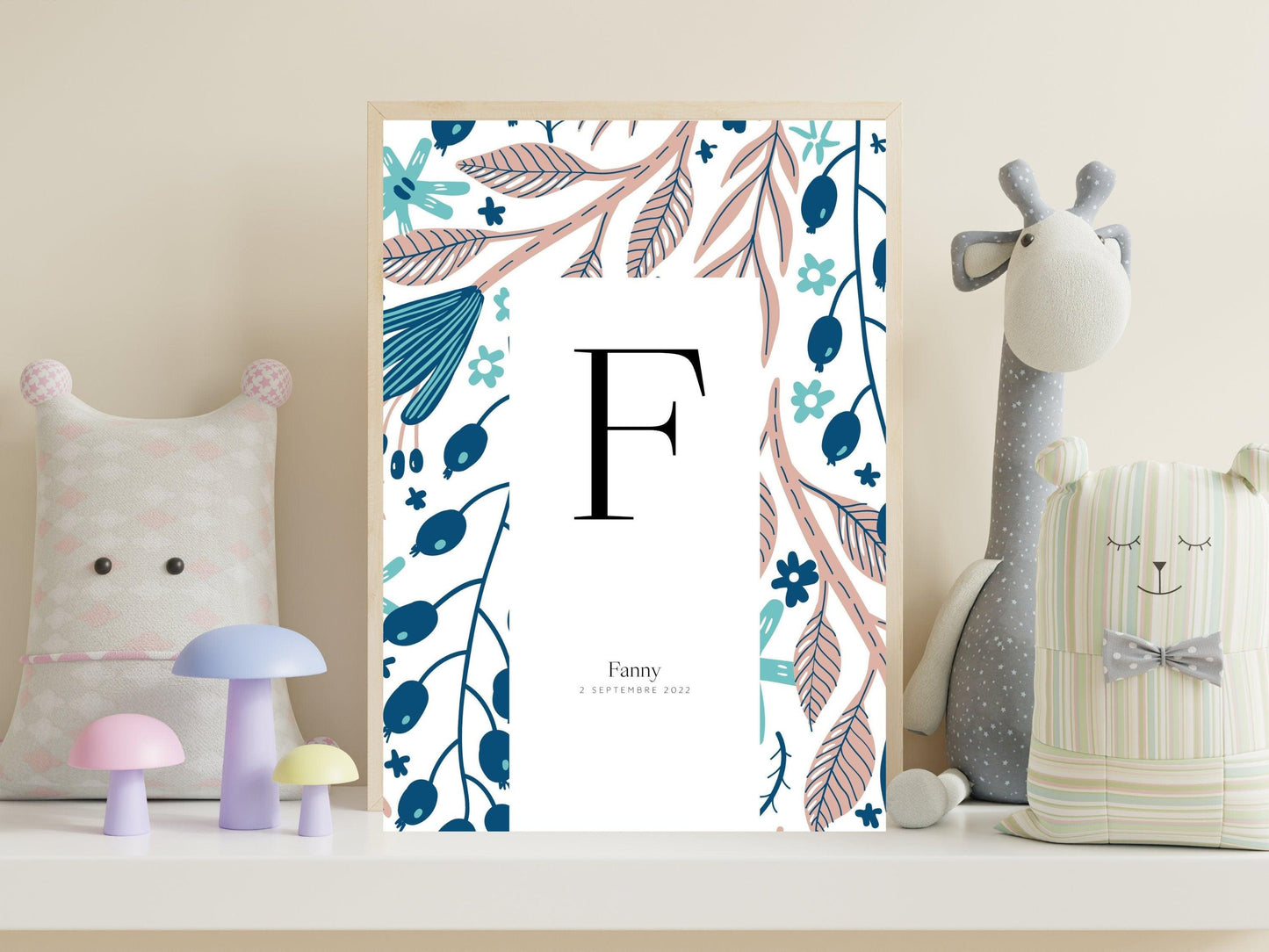 Affiche lettre initiale prénom date de naissance personnalisable motif feuillage cadeau original fête baptême bébé enfant fille garçon - Imagine.affiche