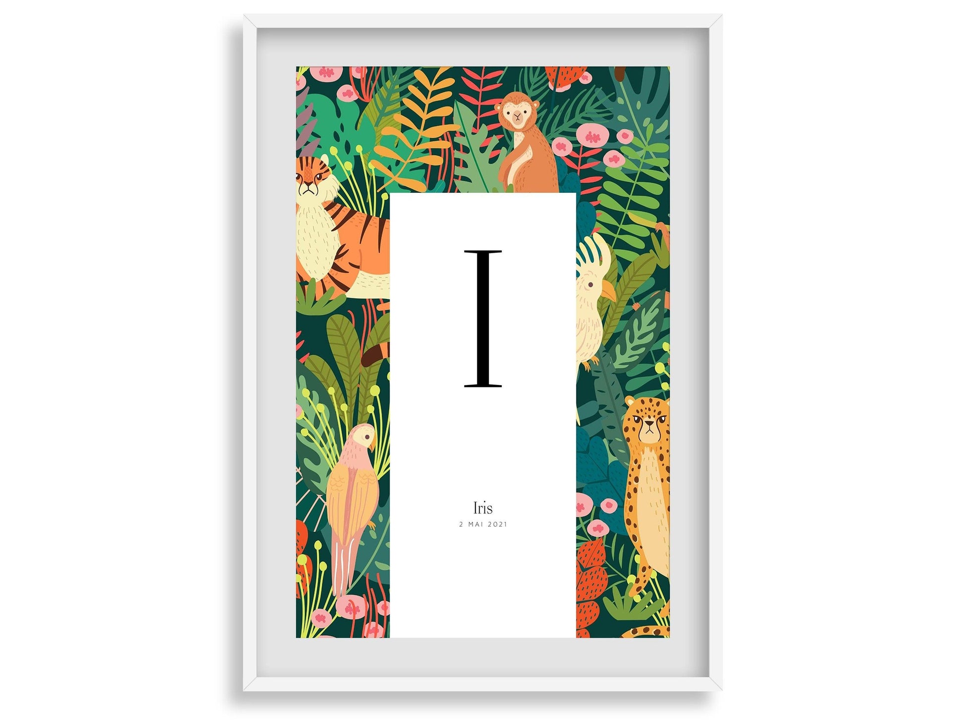 Affiche lettre initiale prénom date de naissance personnalisable motif jungle cadeau original anniversaire baptême bébé enfant fille garçon - Imagine.affiche