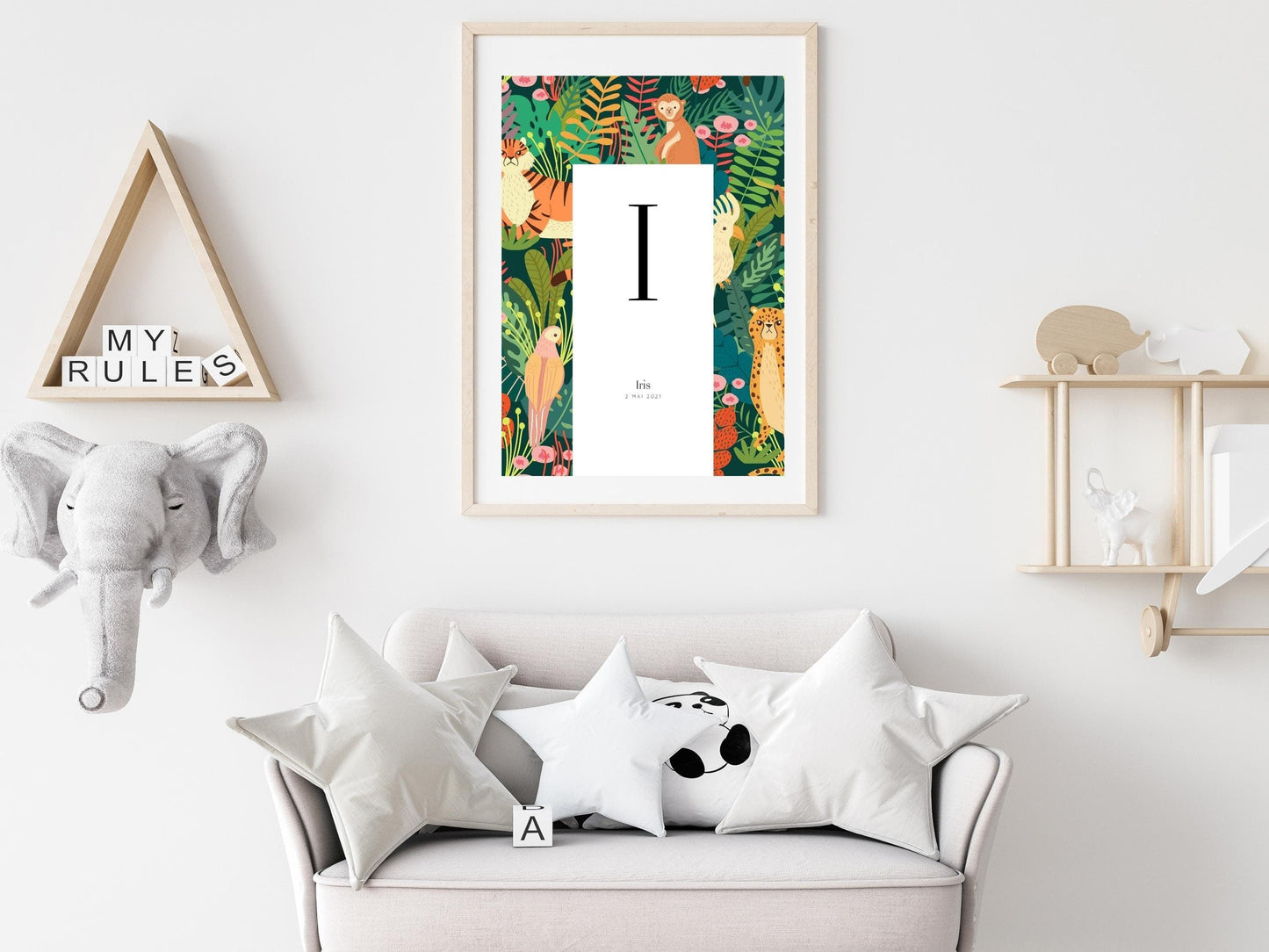 Affiche lettre initiale prénom date de naissance personnalisable motif jungle cadeau original anniversaire baptême bébé enfant fille garçon - Imagine.affiche