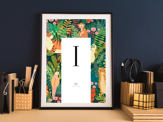 Affiche lettre initiale prénom date de naissance personnalisable motif jungle cadeau original anniversaire baptême bébé enfant fille garçon - Imagine.affiche