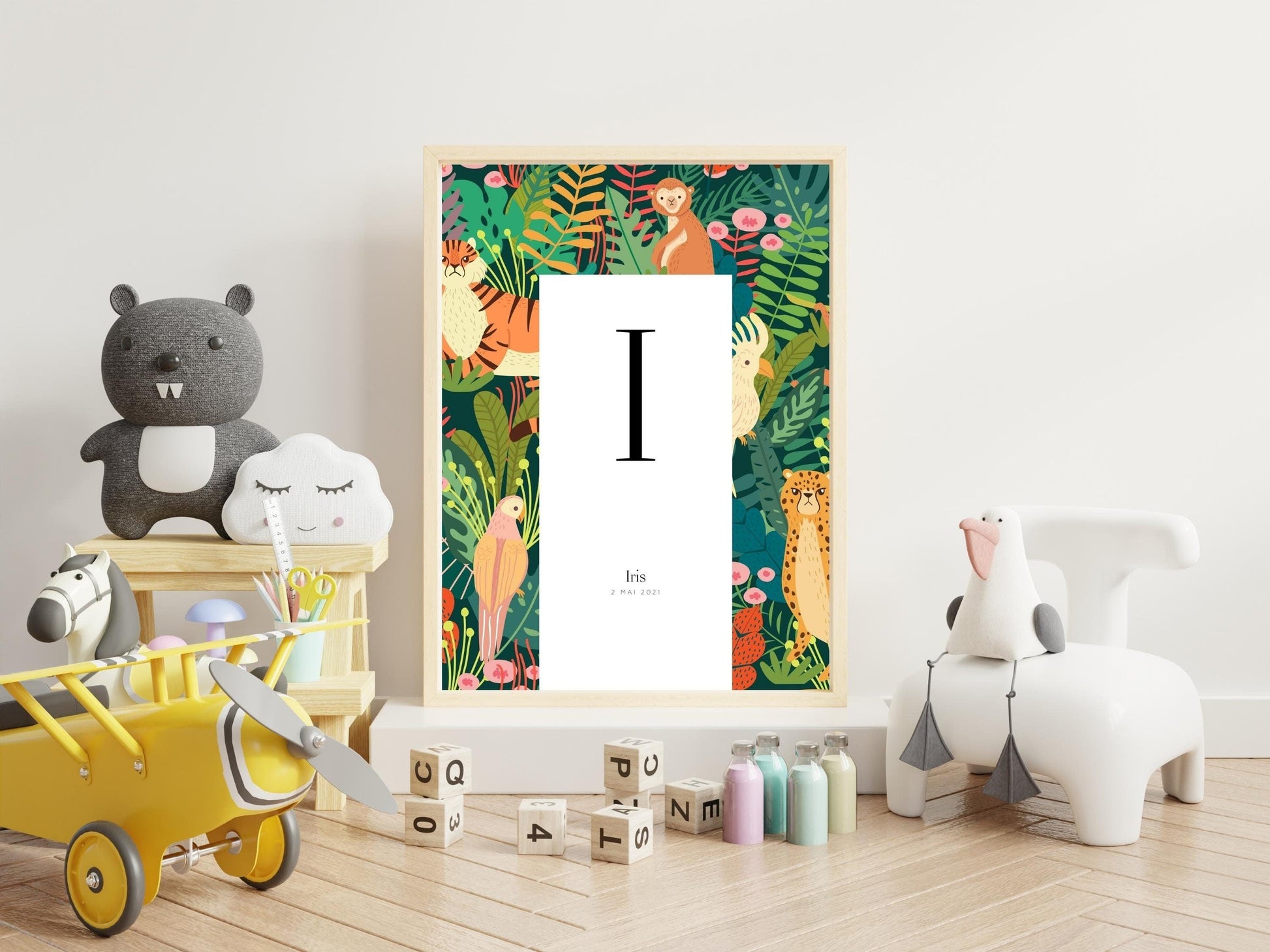 Affiche lettre initiale prénom date de naissance personnalisable motif jungle cadeau original anniversaire baptême bébé enfant fille garçon - Imagine.affiche